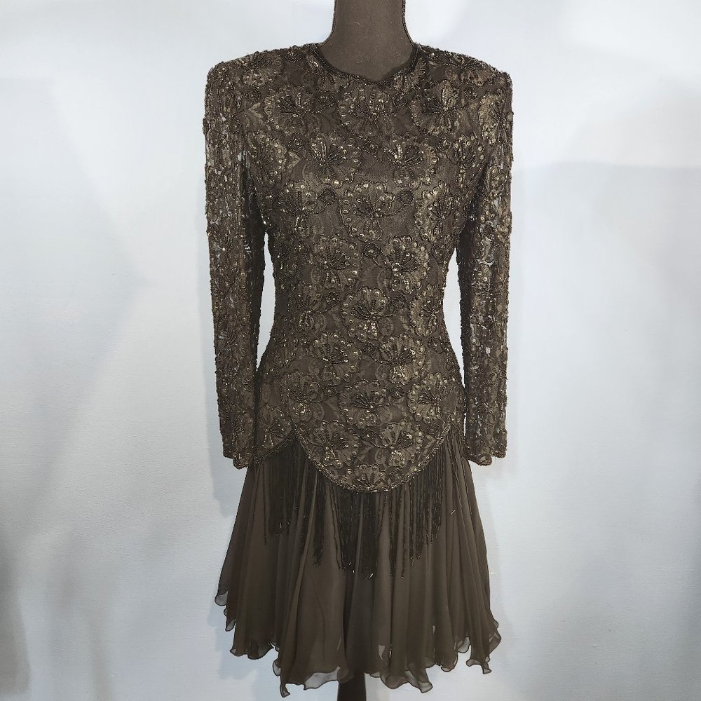 Vintage Creation Creations Black Beaded Sequined Lined Shoulder Pads Dress Sz S